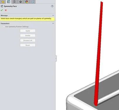 SOLIDWORKS Plastics Symmetric Runner within the symmetry face dialog window
